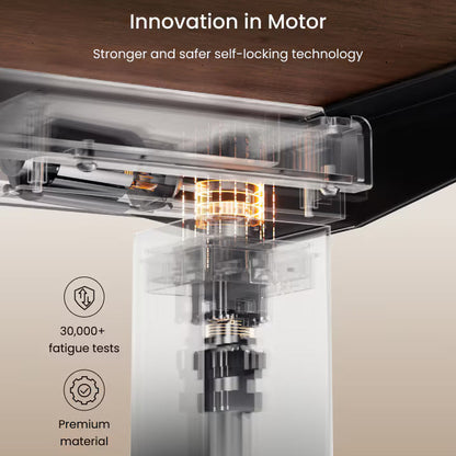 Close-up of a motor with text highlighting innovation and testing details.