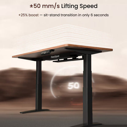 Height-adjustable desk with text about lifting speed on a blurred background