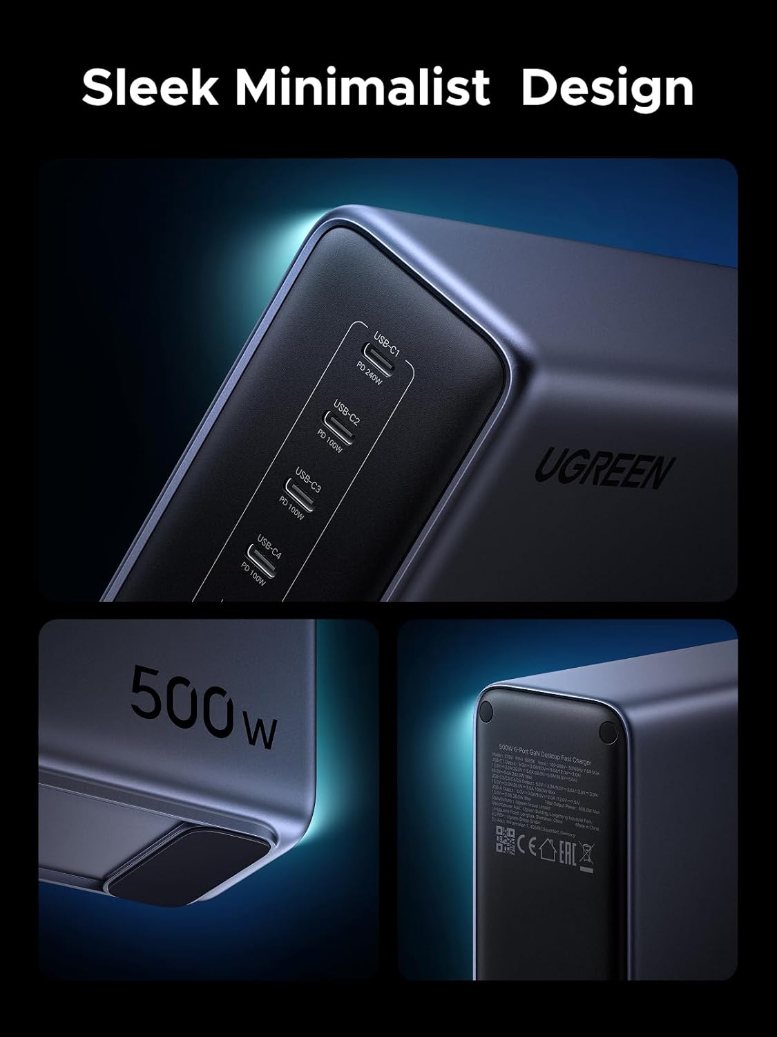 UGREEN Nexode 500W 6-Port GaN სწრაფი დამტენი სადგური