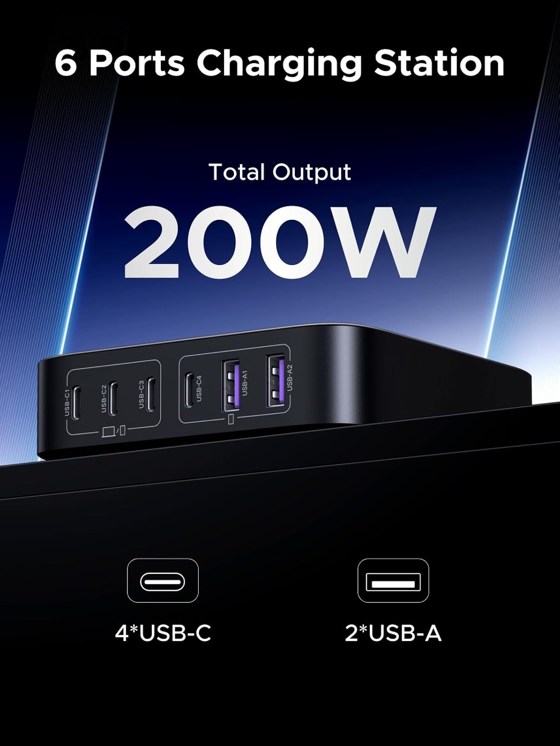 UGREEN Nexode 200W GaN — 6-Port Desktop Charger - feature detail