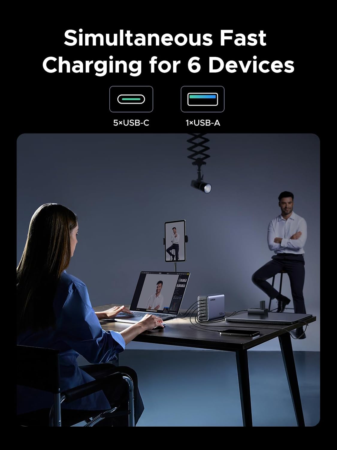 UGREEN Nexode 500W 6-Port GaN სწრაფი დამტენი სადგური