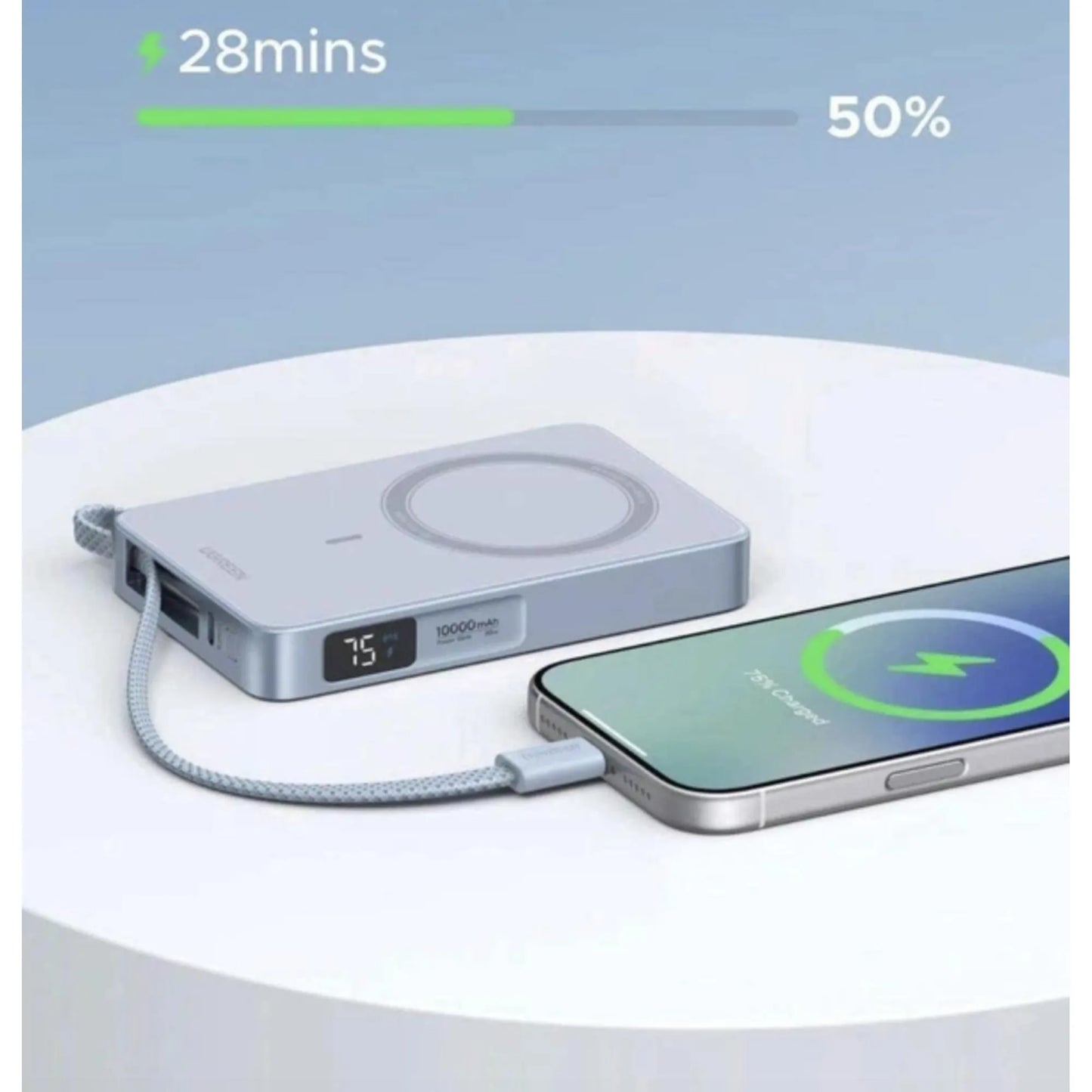  UGREEN 10000mAh 30W MagSafe პორტატიული დამტენი ჩაშენებული კაბელით