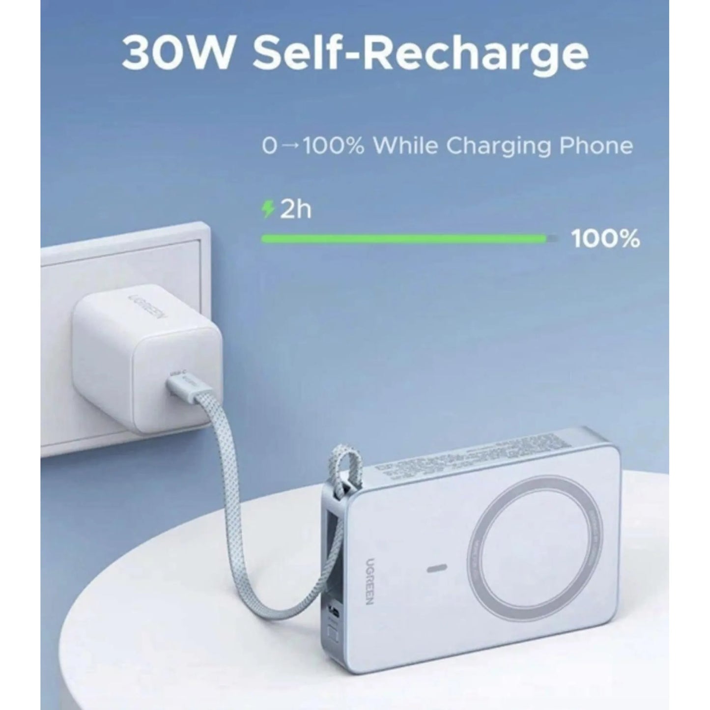  UGREEN 10000mAh 30W MagSafe პორტატიული დამტენი ჩაშენებული კაბელით