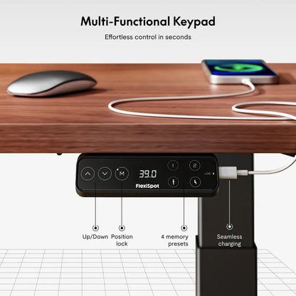 Multi-functional keypad on a desk with a phone and mouse, featuring FlexiSpot branding.