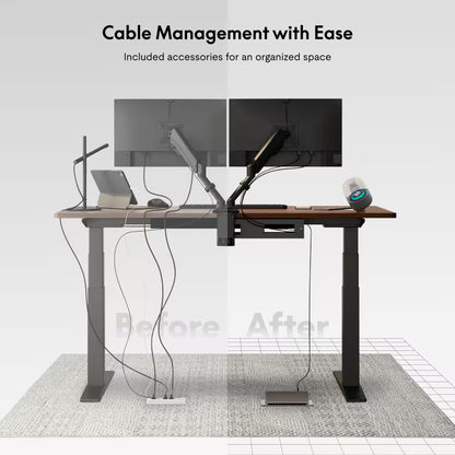 Before and after comparison of a desk setup with cable management solutions.