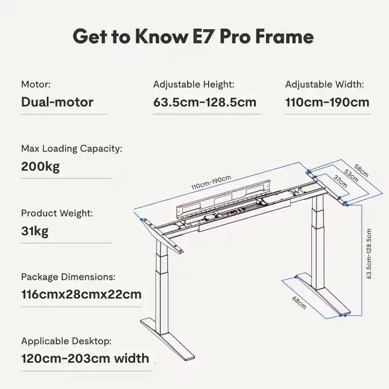 Technical specifications of E7 Pro Frame standing desk on a white background