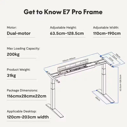 Technical specifications of E7 Pro Frame standing desk on a white background