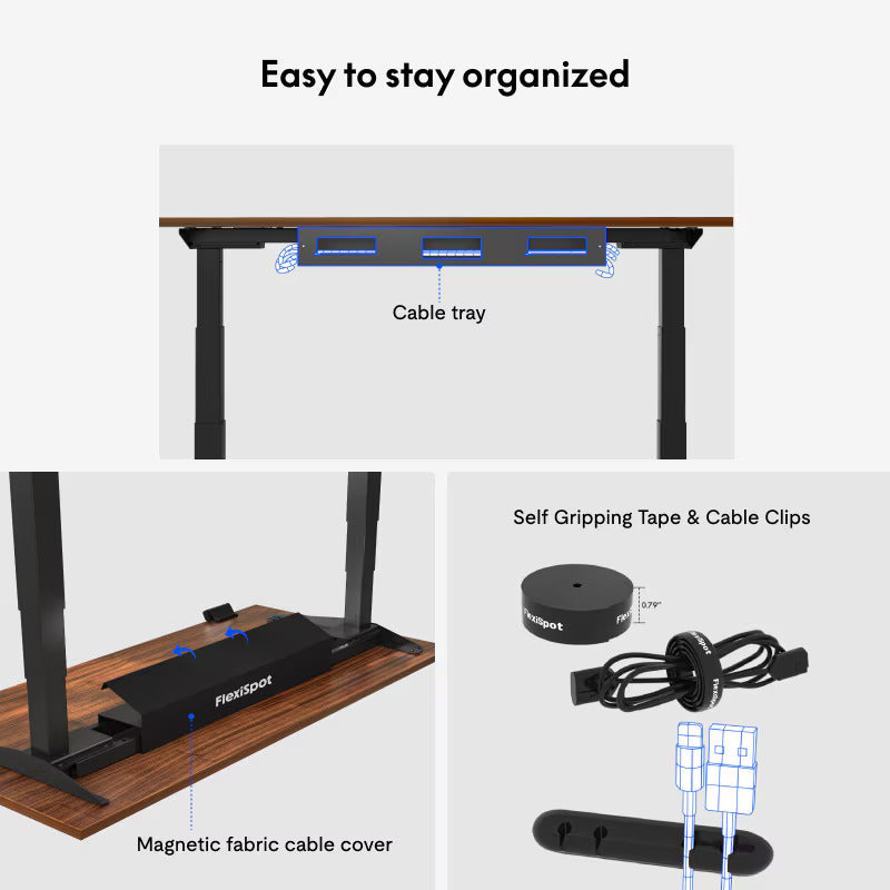 Desk setup with cable management solutions including a cable tray, self-gripping tape, cable clips, and magnetic fabric cover.