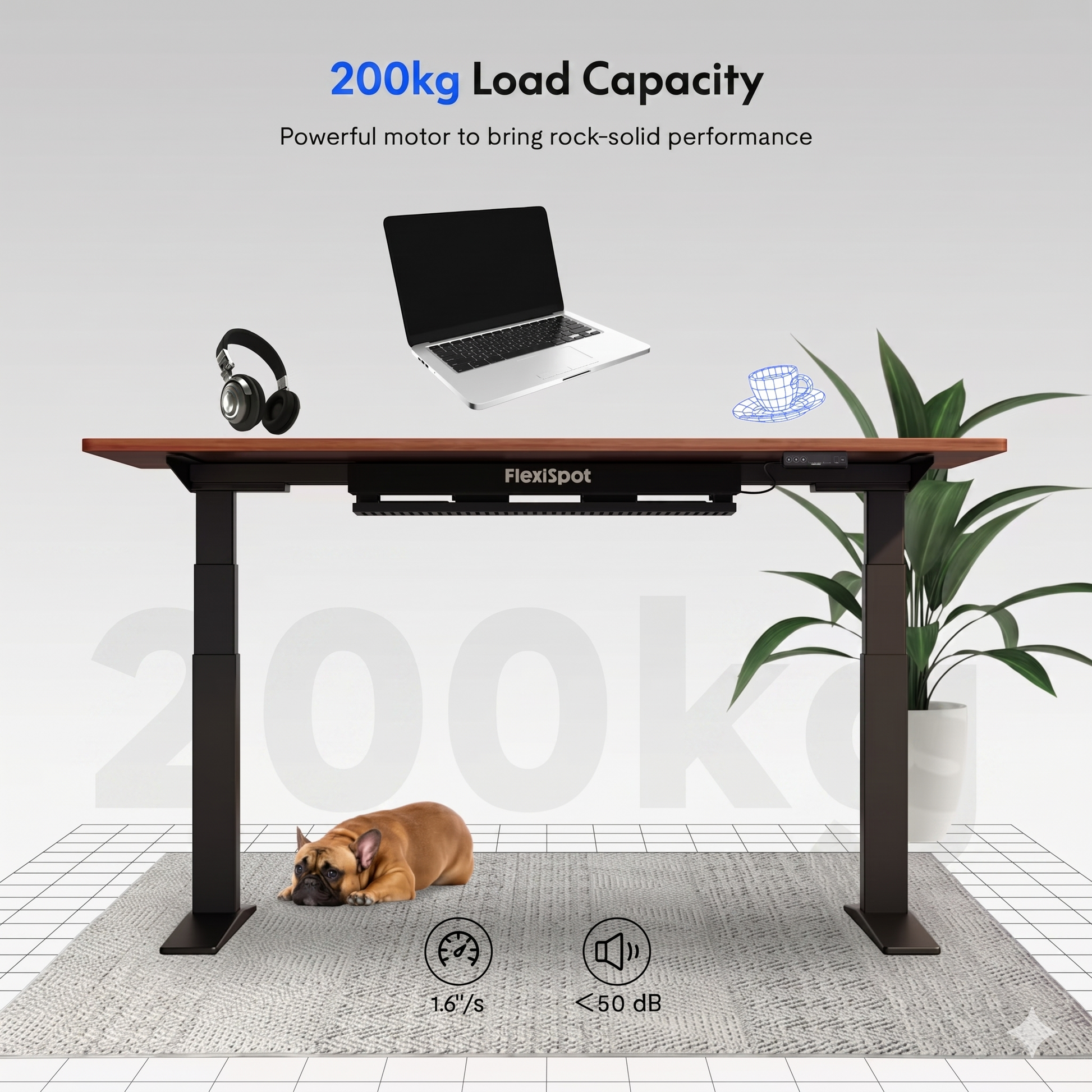 FlexiSpot desk with laptop, headphones, and a dog on a white background