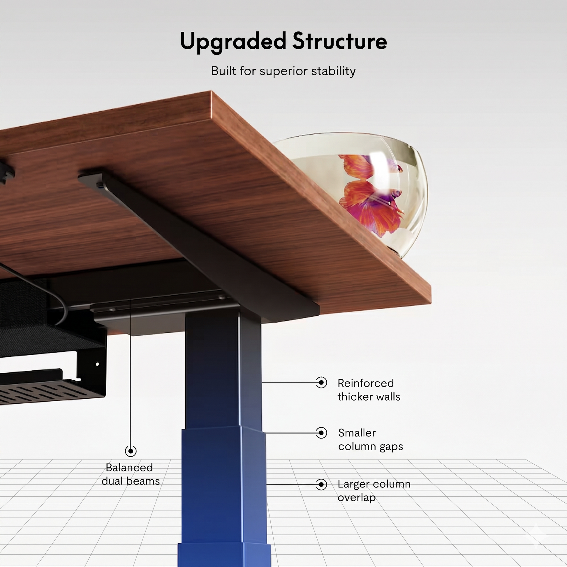 Stylized image of a desk with an upgraded structure feature highlighted.
