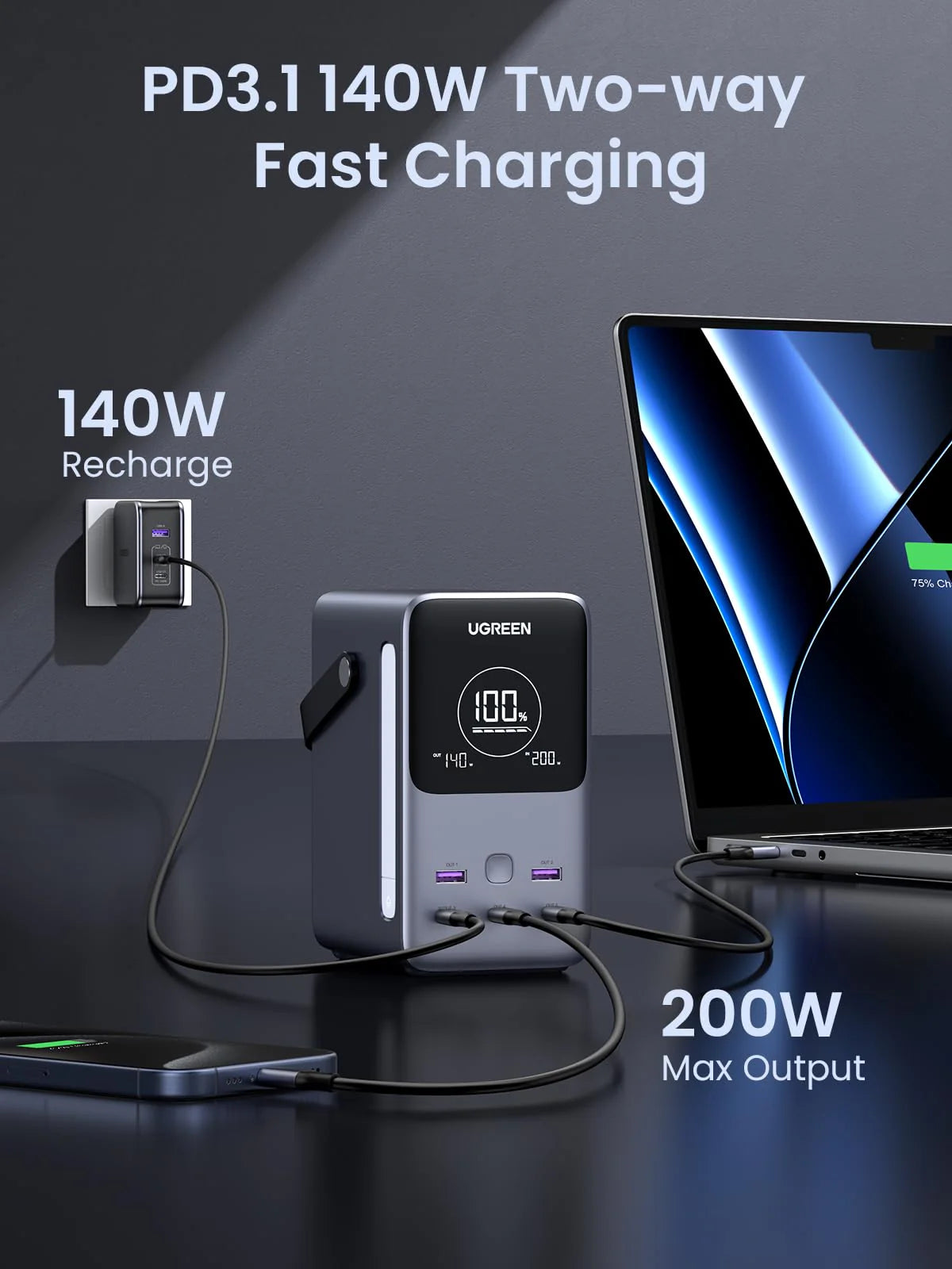 UGREEN 300W 48000mAh Power Bank with Smart Display - detail view