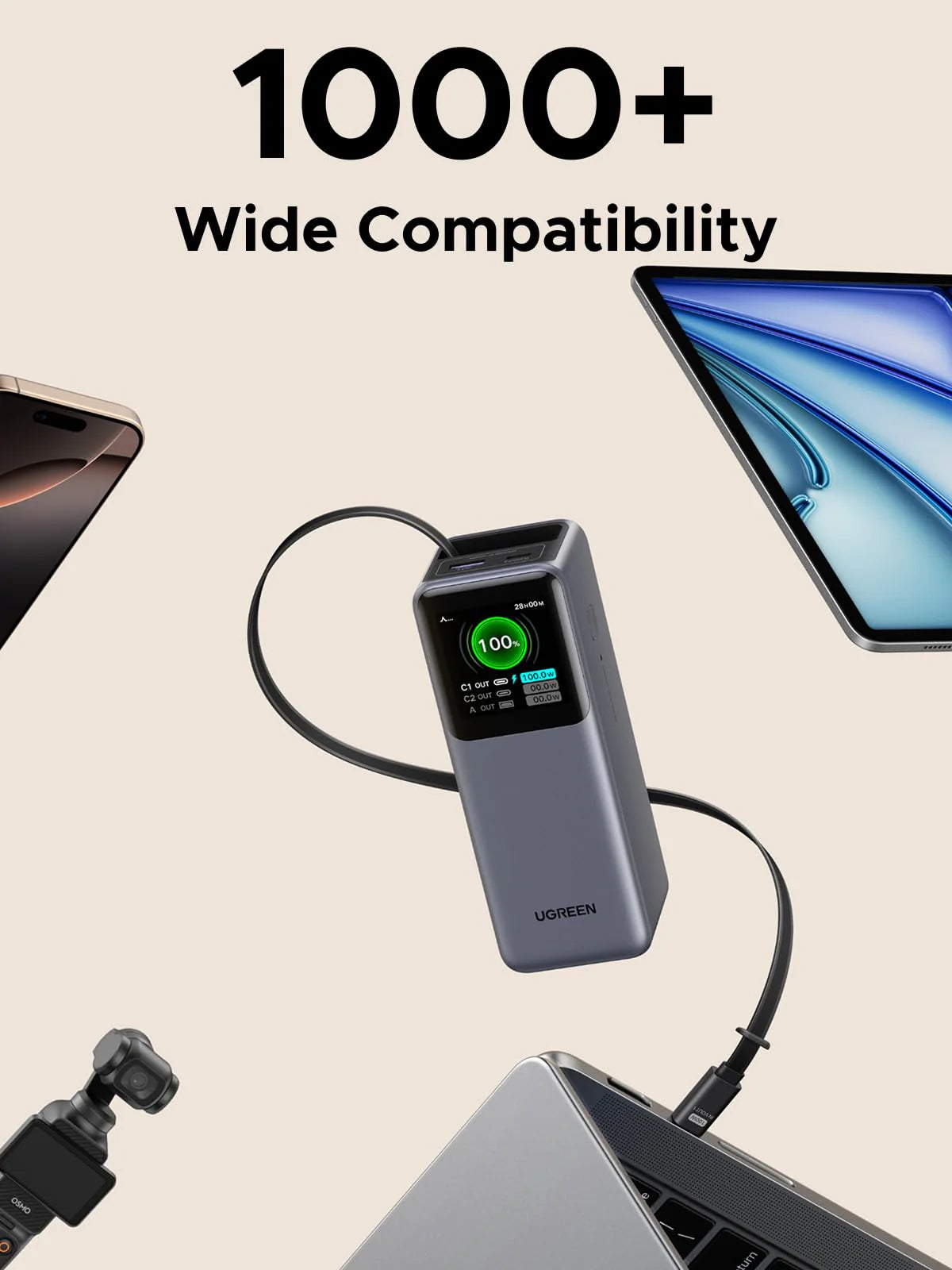 UGREEN Nexode Power Bank 20000mAh 165W with Retractable Cable - angle view
