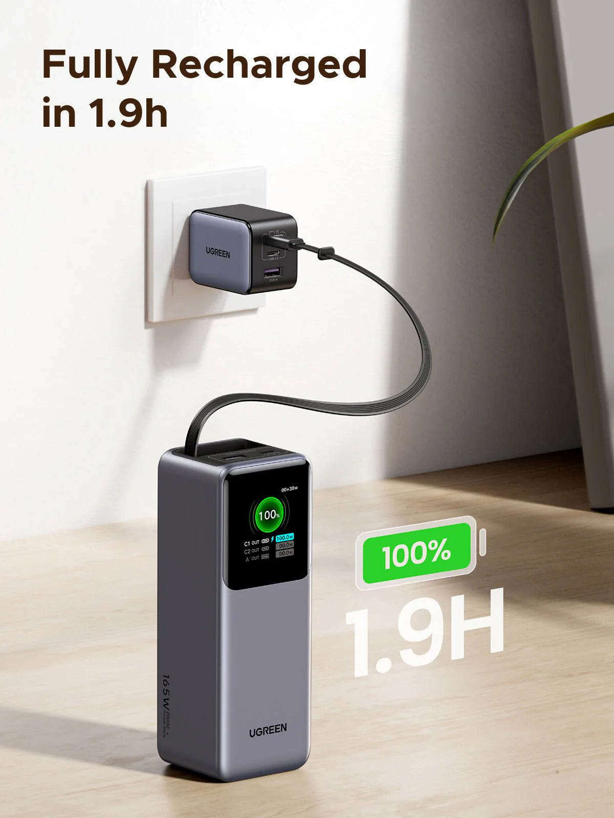 UGREEN Nexode Power Bank 20000mAh 165W with Retractable Cable - detail view