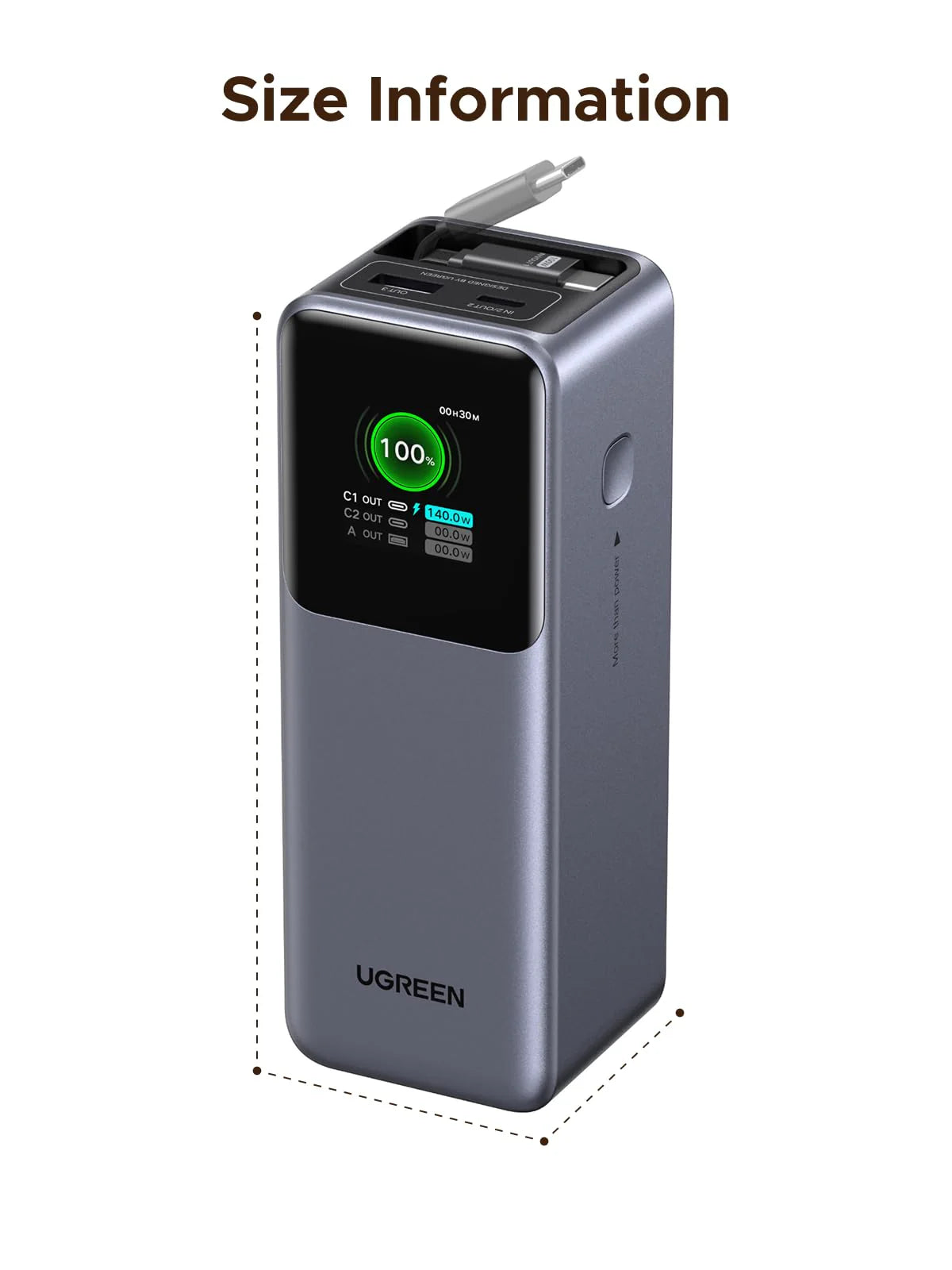 UGREEN Nexode Power Bank 20000mAh 165W with Retractable Cable - close-up