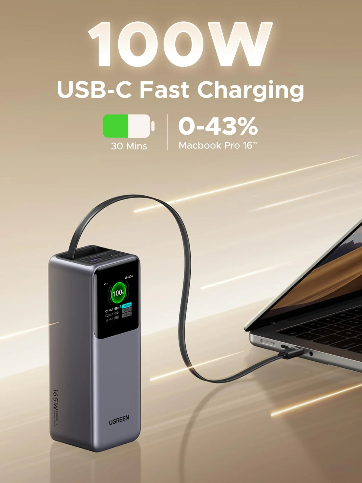UGREEN Nexode Power Bank 20000mAh 165W with Retractable Cable - front view